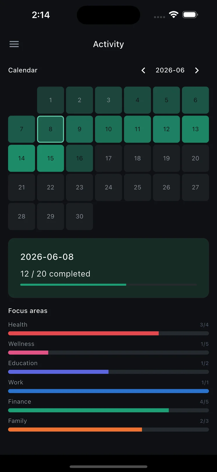 Stryve Daily Activity screen with calendar heatmap and focus areas