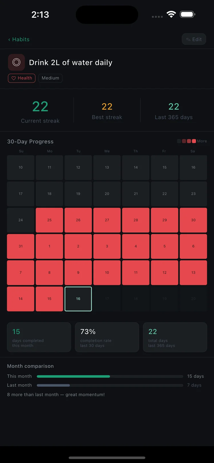 Stryve Daily habit detail screen showing streak stats and 30-day progress calendar