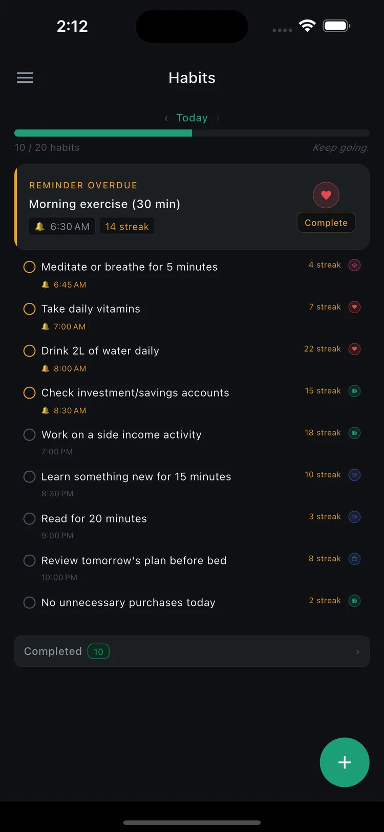 Stryve Daily Habits screen showing daily streaks
