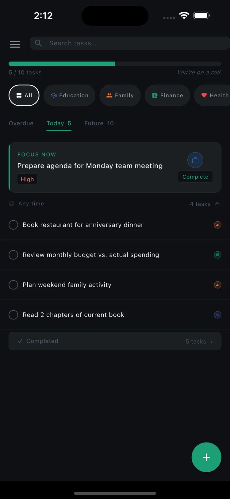 Stryve Daily Home screen with Focus Now card and tasks by category