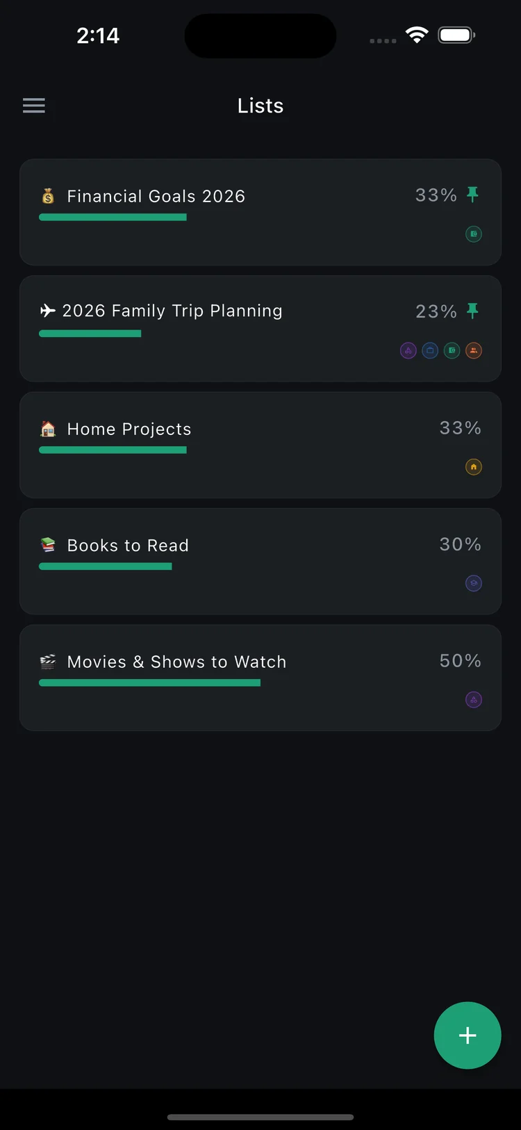Stryve Daily Lists screen showing financial goals, family trips and home projects with progress tracking